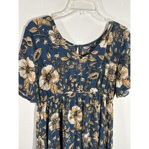 Bohemian Casual Ruffled Lined Dress Large Teal w/Tan White Floral